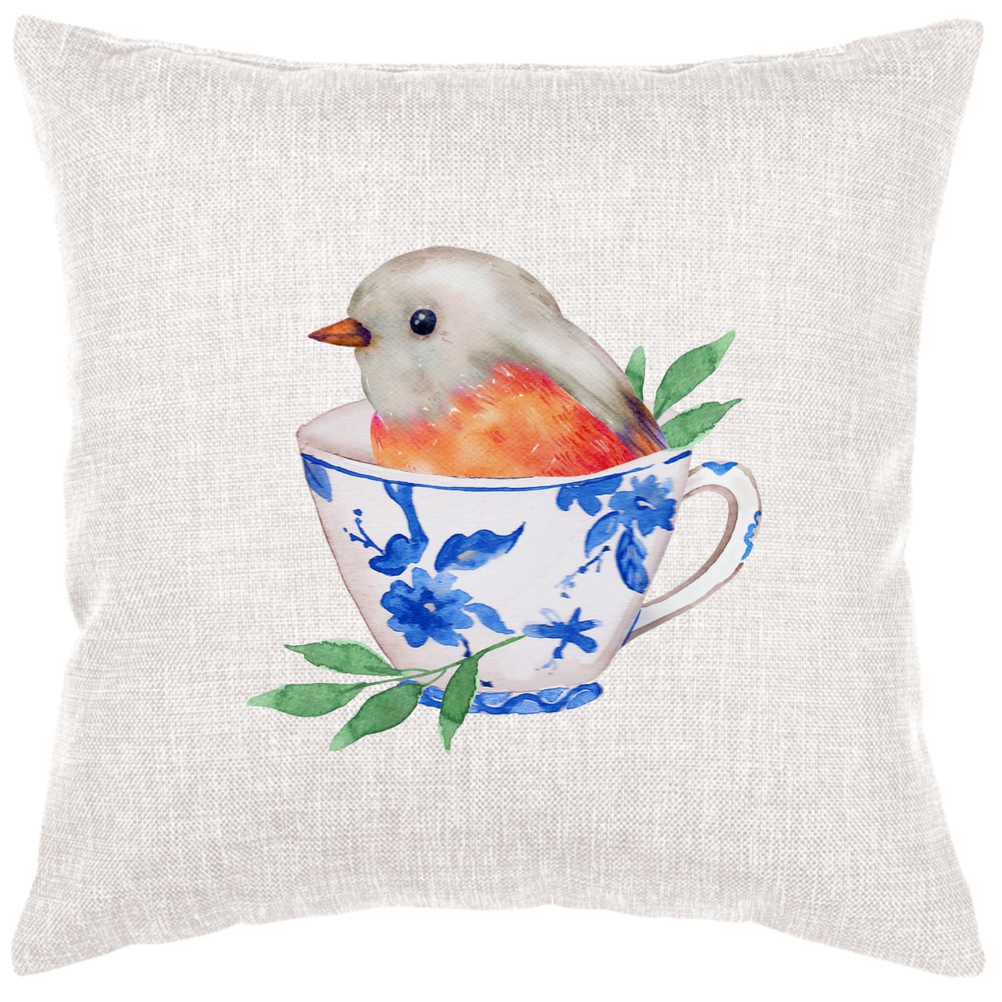 Blue And White Teacup And Bird Down Pillow