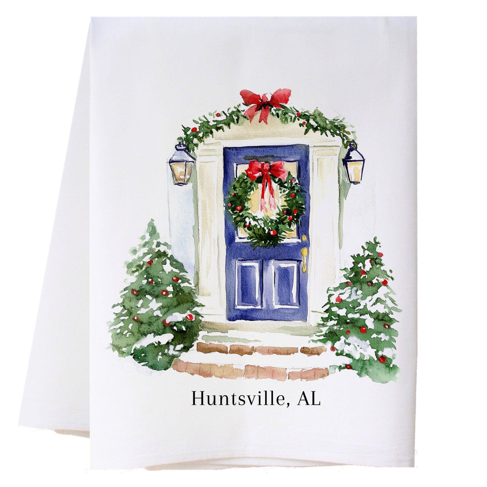 Blue Christmas Door Kitchen Towel