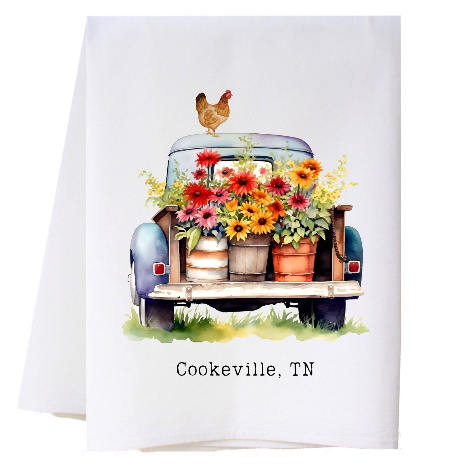 Blue Truck And Flowers Kitchen Towel
