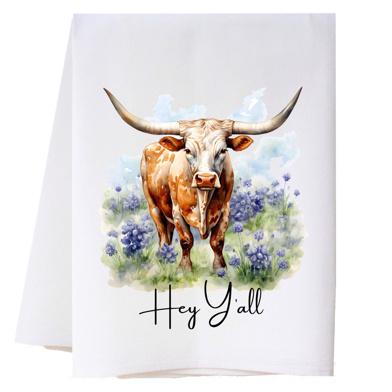 Longhorn Standing Bluebonnets Kitchen Towel