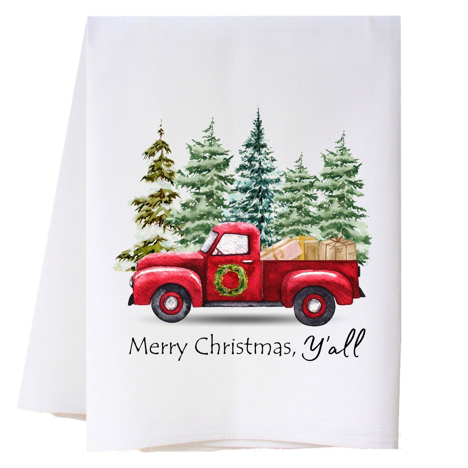 Red Truck In Woods Kitchen Towel