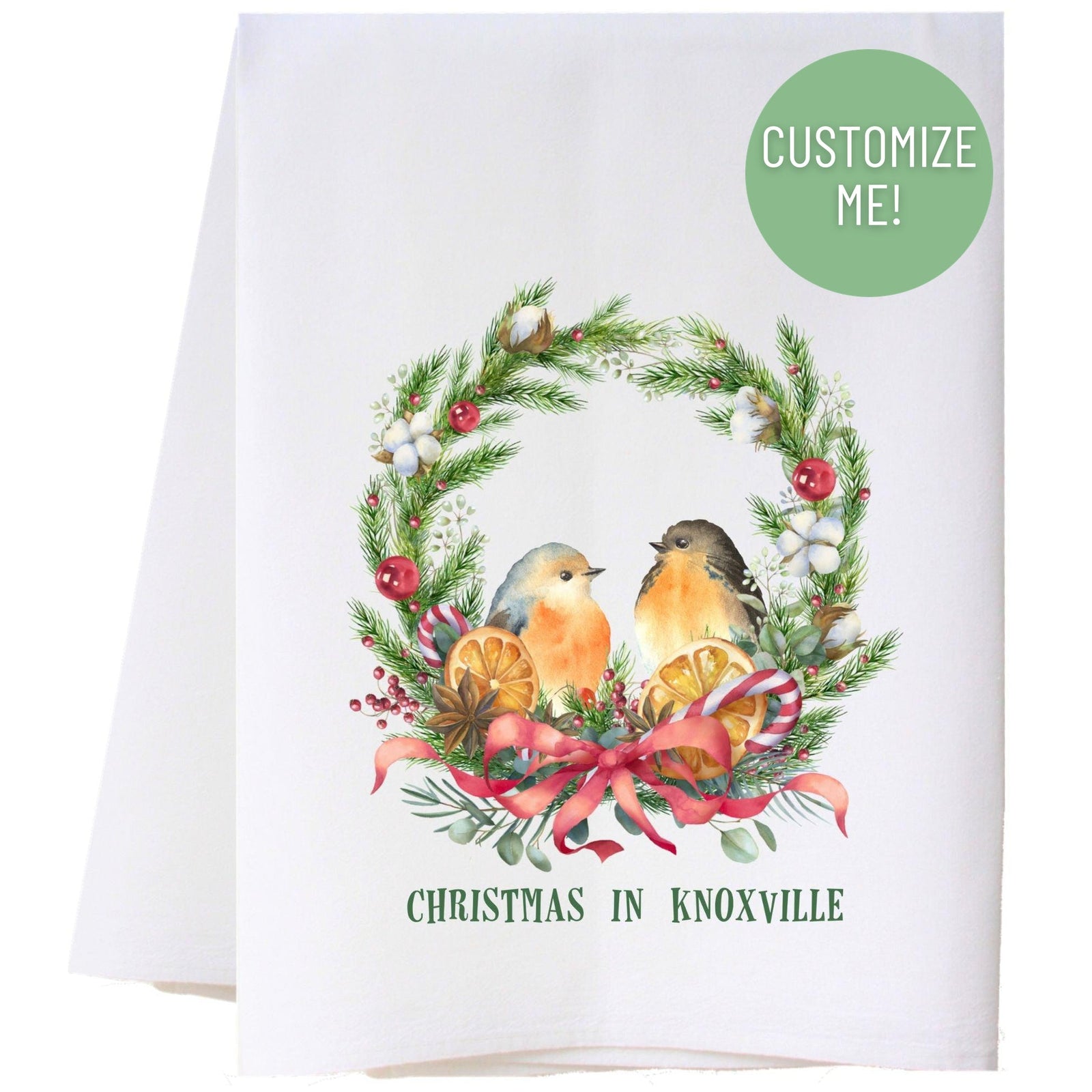 Birds In Christmas Wreath Kitchen Towel