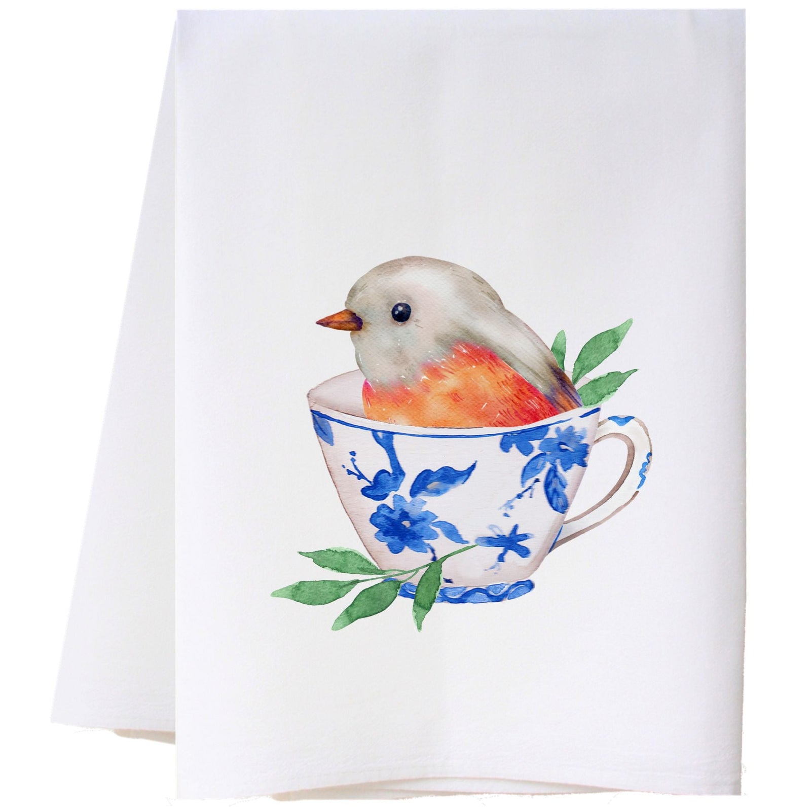 Blue And White Teacup And Bird Kitchen Towel