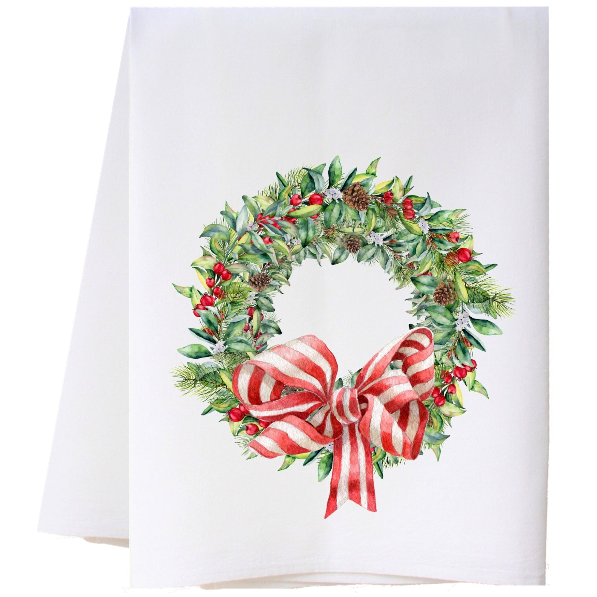 Christmas Wreath With Striped Bow Flour Sack Towel