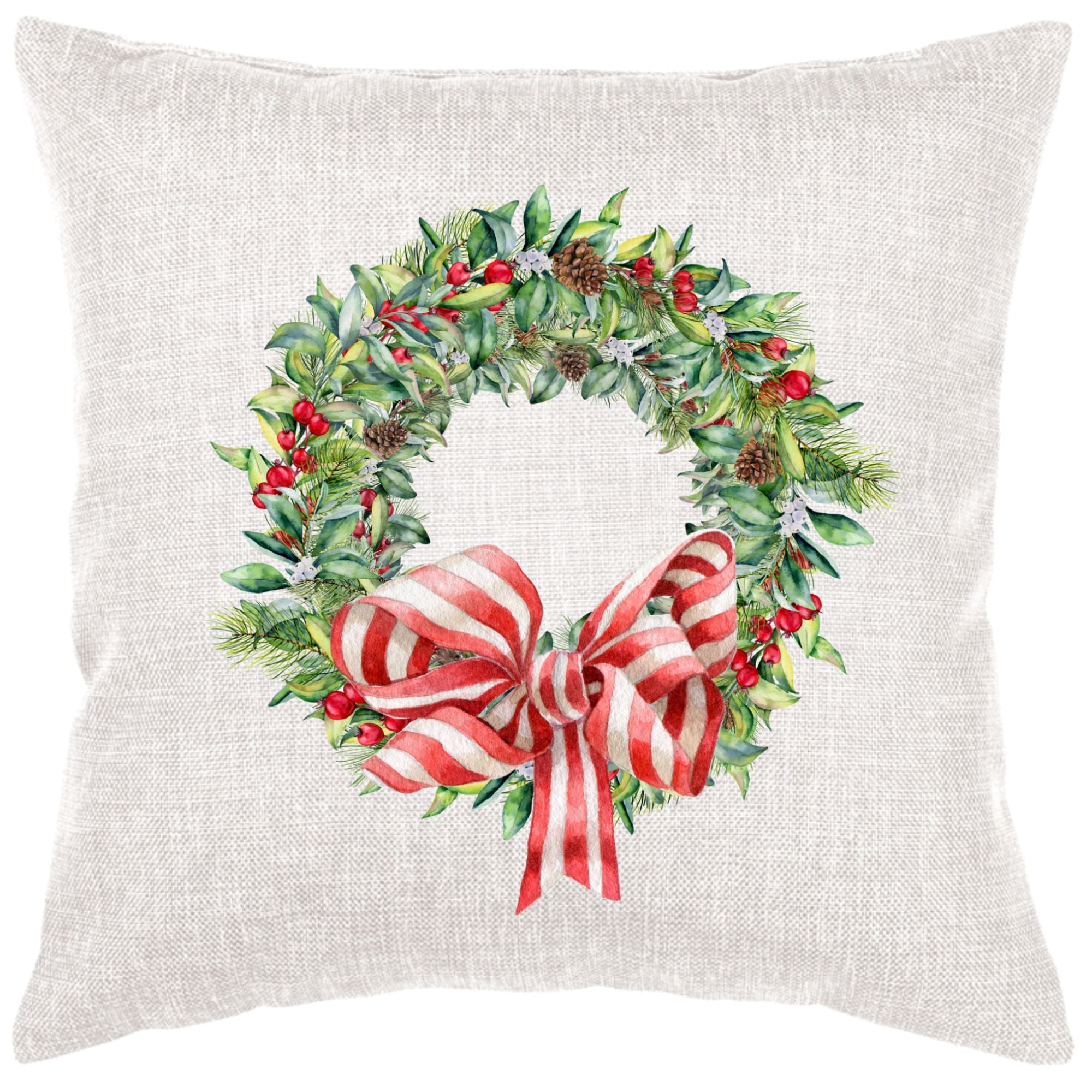 Christmas Wreath With Striped Bow Down Pillow